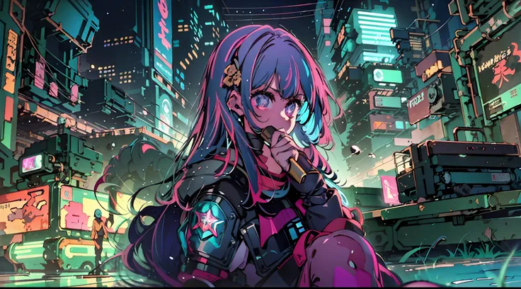 noite, fundo colorido da cidade cyberpunk, menina de rua, sirin,honkai impact, olhos azuis, olhos brilhantes, meias pretas, retr...