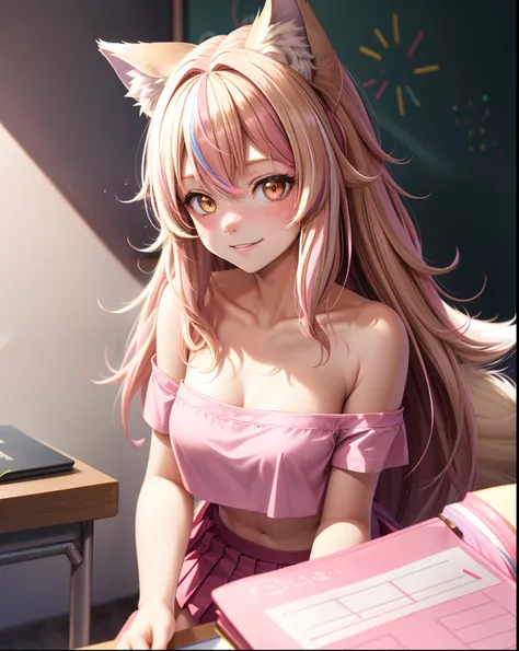 medium breasts ((16 year old wolf girl)) ((pink streaked blonde hair)) shy smile strapless top bare shoulder pleated skirt school uniform bright reds all over, glitter powder, picture perfect, classroom studying, school, class