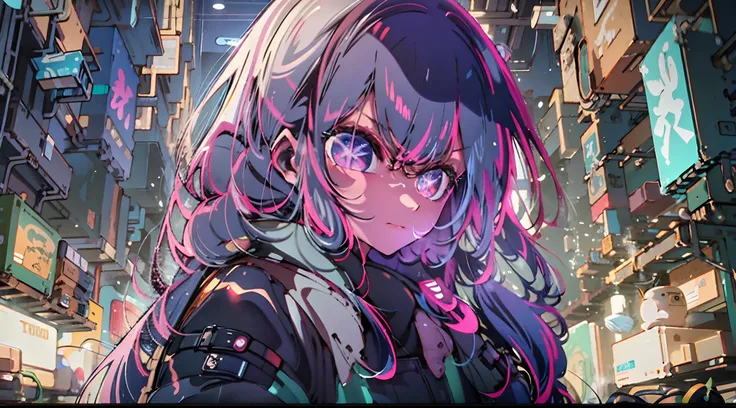 noite, fundo colorido da cidade cyberpunk, menina de rua, sirin,honkai impact, olhos azuis, olhos brilhantes, meias pretas, retr...