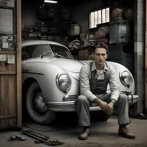 Homem sentado em um carro em uma garagem com ferramentas, old charismatic mechanic, retratos de carros, inspirado em Harry Haenigsen, PORSCHE 356 |, fotografia automotiva, Mechanicalgirl, Directed by: Matthias Weischer, fotografia de personagens, Directed ...