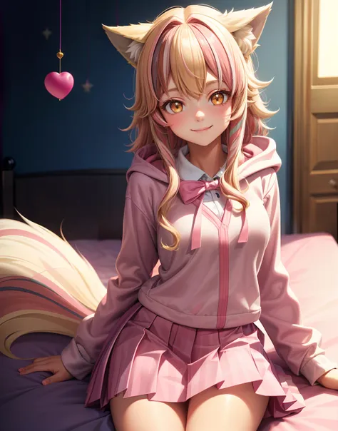 medium breasts ((wolf girl 16 years old)) ((blond hair with pink streaks)) shy smile long sleeve hooded top pleated skirt school uniform bright reds all around, glitter powder, picture perfect, happy expression, bedroom, hearts decor on room