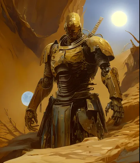 Blue sky and moon, arafed image of a man in armor standing in a desert, blue sky and moon, yellow human-sized warforged, craig mullins nekro, gold heavy armor. dramatic, warrior in sci-fi armour, by Craig Mullins, portrait of ninja slayer, craig mullins st...