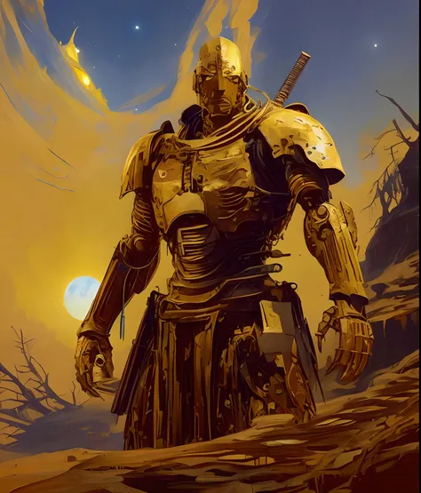 Blue sky and moon, arafed image of a man in armor standing in a desert, blue sky and moon, yellow human-sized warforged, craig mullins nekro, gold heavy armor. dramatic, warrior in sci-fi armour, by Craig Mullins, portrait of ninja slayer, craig mullins st...