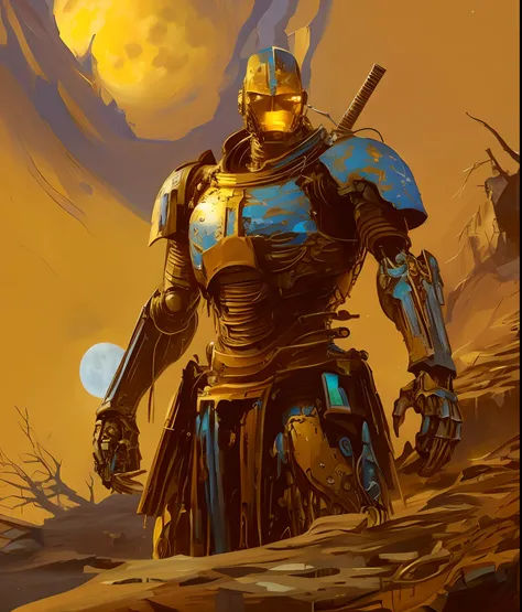 Blue sky and moon, arafed image of a man in armor standing in a desert, blue sky and moon, yellow human-sized warforged, craig mullins nekro, gold heavy armor. dramatic, warrior in sci-fi armour, by Craig Mullins, portrait of ninja slayer, craig mullins st...