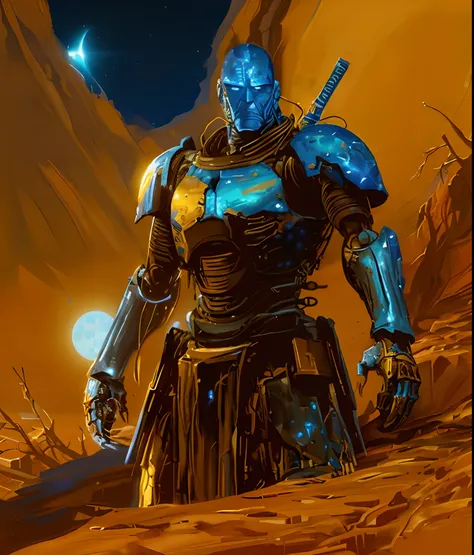 Blue sky and moon, arafed image of a man in armor standing in a desert, blue sky and moon, yellow human-sized warforged, craig mullins nekro, gold heavy armor. dramatic, warrior in sci-fi armour, by Craig Mullins, portrait of ninja slayer, craig mullins st...