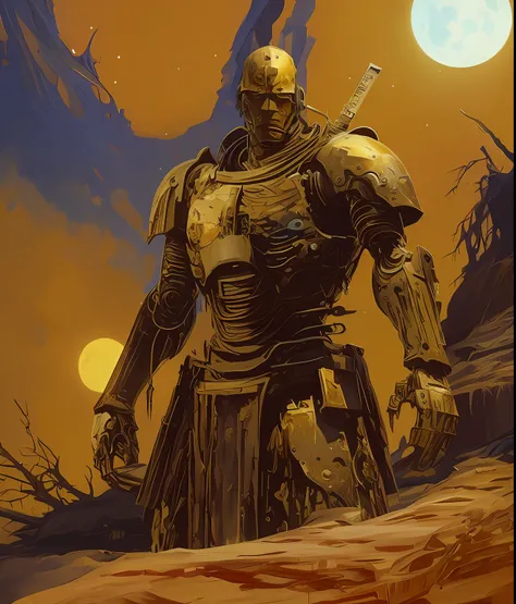 Blue sky and moon, arafed image of a man in armor standing in a desert, blue sky and moon, blue human-sized warforged, craig mullins nekro, gold heavy armor. dramatic, warrior in sci-fi armour, by Craig Mullins, portrait of ninja slayer, craig mullins styl...