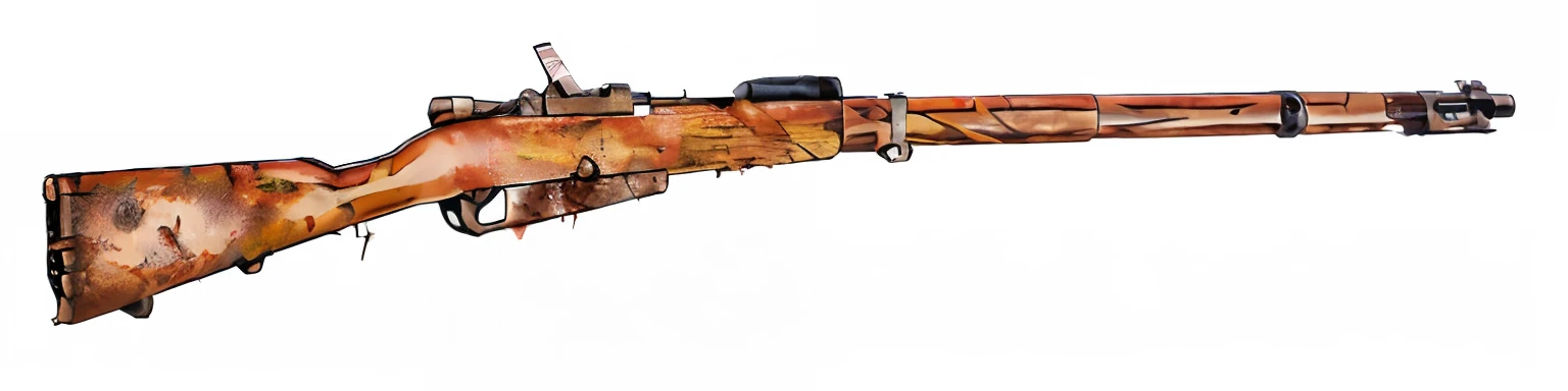 Mosin-nagant rifle, muddy, dirty, scratched, darkest dungeon, metal bolt, metal nose cap, metal front barrel band, metal rear barrel band, metal rear sight, barrel shank, metal magazine housing, metal trigger, wooden butt stock, wooden furniture