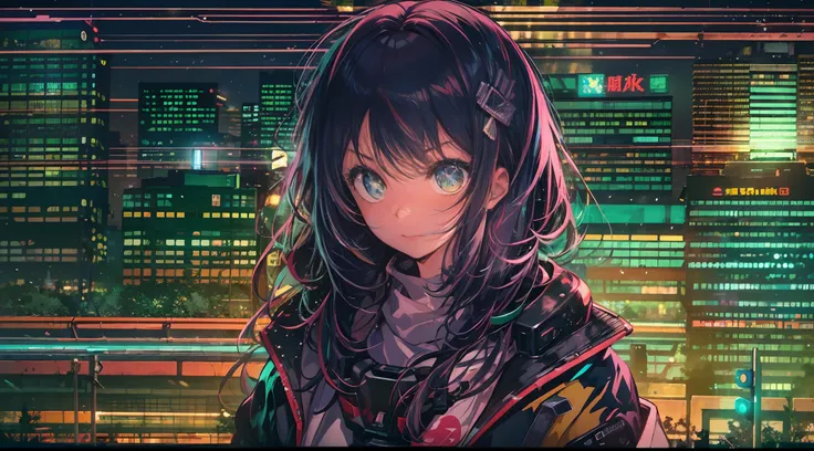 Noite, Fundo colorido da cidade cyberpunk, menina de rua, Hoshino ai, olhos brilhantes, Meias pretas, retroiluminado, brilhar, Surveying the audience, Low angle lens, olhando para cima lente, perfect composition, delicadeza perfeita de luz e sombra, 8k