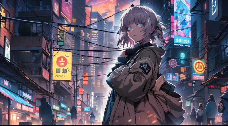 noite, fundo colorido da cidade cyberpunk, menina de rua,nazuna nanakusa, yofukashi no uta, olhos azuis, olhos brilhantes, meias...