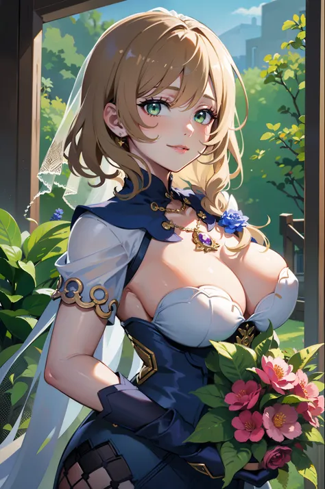 ((masterpiece, best quality, perfect pixel, UHD)),close-up, facing viewer,straight on, face focus,((1 girl)), lisa (genshin impact),{short hair,}, (big breasts:1.4),(photo realistic:0.8), standing,bridal veil,wedd00ing, bridal gauntlets, bridal garter, wed...