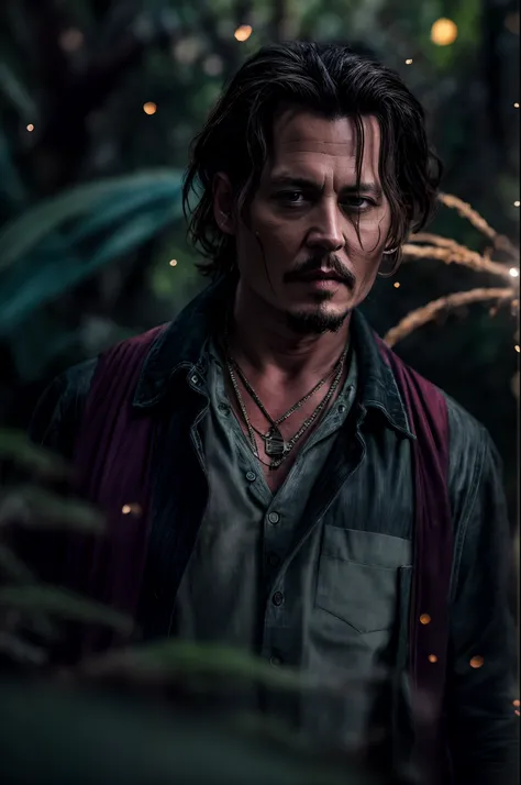 masterpiece, johnny depp walking through the jungle at night (night among fireflies), (high detail:1 1), rough face, natural skin, high quality, nsfw, beautiful eyes, (detailed face and eyes), (face: 1 2), noise, real photo, lamp film photography, sharp fo...