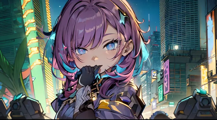 noite, fundo colorido da cidade cyberpunk, menina de rua, elysia,honkai impact, olhos azuis, olhos brilhantes, meias pretas, ret...