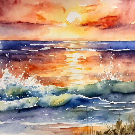 A watercolor masterpiece depicting the ocean sunset, where the sky and water fuse in a harmonious dance of warm and cool tones.
Descriptive keywords: Harmonious sunset, Sky-water fusion, Watercolor fusion, Evening serenity, Artistic interpretation.
Camera ...