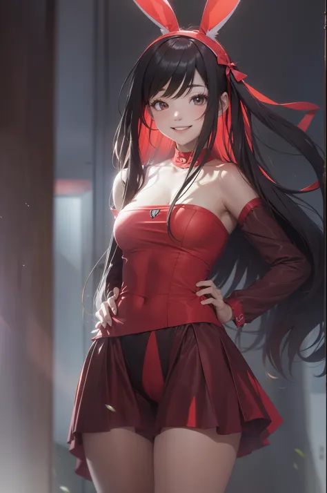 red bunny outfit, black long hair, standing, morning, big smile, arms spread out