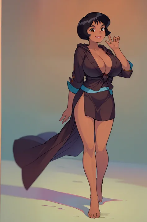 ((masterpiece, best quality)), 1girl,solo, upper body, alex, short hair, black hair, brown eyes, dark skin, tan, lipstick, black shirt, retro artstyle, gradient background,smile, walking, big breast,full body, flipflops, village , long robe, feet