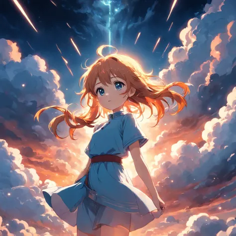 masterpiece, best quality, movie still, 1girl, cloud girl, floating in the sky, close-up, bright, happy, warm soft lighting, sunset, (sparks:0.7)