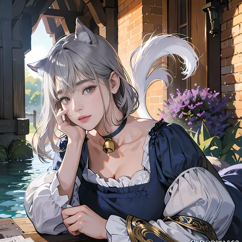 Women in Their 20s, offcial art, unity 8k wall paper, ultra-detailliert, beautifly、Aesthetic, ​masterpiece, top-quality, Photorealsitic、Big eyes、Cat-eared clan、Cats ears、very thick tail:1.5、very thick and long tail、dark brown eyes、Silver-white hair、shorth ...