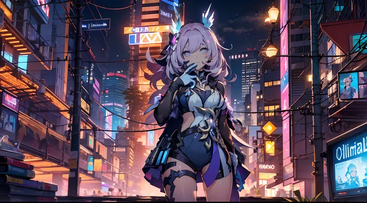 noite, fundo colorido da cidade cyberpunk, menina de rua, elysia,honkai impact, olhos azuis, olhos brilhantes, meias pretas, ret...