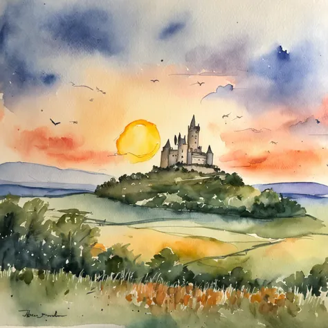 A watercolor masterpiece portraying the sun rising over an Irish castle, with the sky painted in soft pastels, casting a serene glow on the surroundings.
Descriptive keywords: Castle sunrise, Pastel sky, Watercolor strokes, Morning radiance, Historic charm...