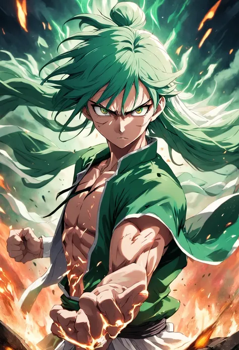 Design a gripping poster featuring Nelliel Tu Odelschwanck from "Bleach" in a fit of rage. Capture the essence of his burning determination and unyielding spirit as he unleashes his wrath upon his enemies. Keep it short, bold, and intense to convey the raw...