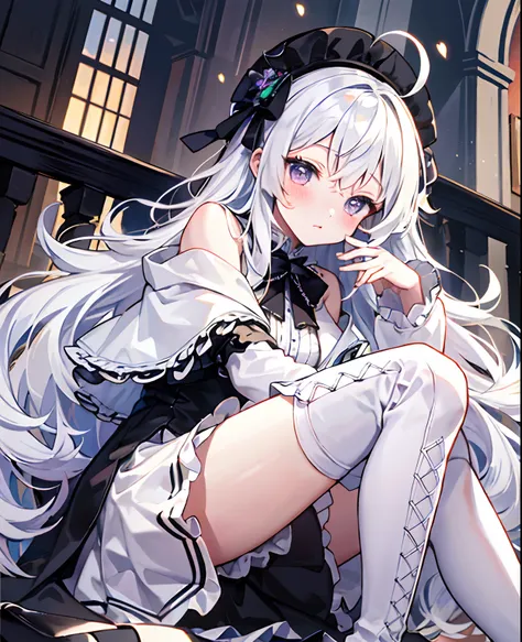 tmasterpiece， Best quality at best， ahoge， Hair over the shoulder， long  white hair，  blush of nose，  Gothic_Lolita，thigh boots，Absolute realm，upper legs，thigh boots，full bodyesbian，Correct legs，