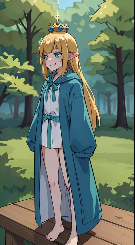 hiquality, tmasterpiece (One Elven Princess) High.  long ears, blonde woman, a small crown on the head, blue eyes, Evil grin. Dark green hunting cloak and naked body and bare feet. in front of a forest background