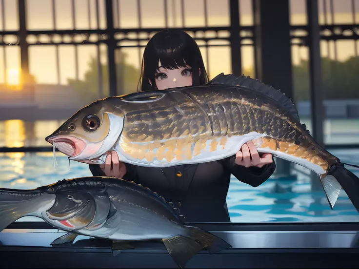 ((((Catch a big black bass by the lake:1.5)))),((1 female 22 years old)),((Best Quality, ​masterpiece :1.5)),(((Hands with the correct number and structure of fingers:1.5))),hight resolution,ultra-detailliert,​masterpiece,best qualtiy,Black hair, long eyes...