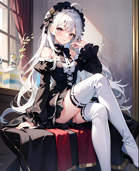 tmasterpiece， Best quality at best， ahoge， Hair over the shoulder， long  white hair，  blush of nose，  Gothic_Lolita，thigh boots，Absolute realm，upper legs，thigh boots，full bodyesbian