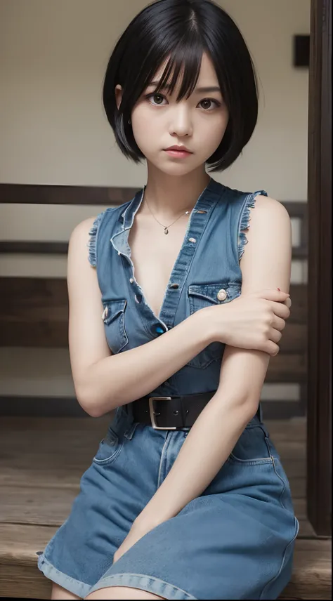 masutepiece, Best Quality, Little woman, Cool, Cowboy Shot, , {{{Detailed beautiful face}}}, Beautiful empathy (Black) Eyes, Dead Rolling Eyes, (Blue) Short hair,