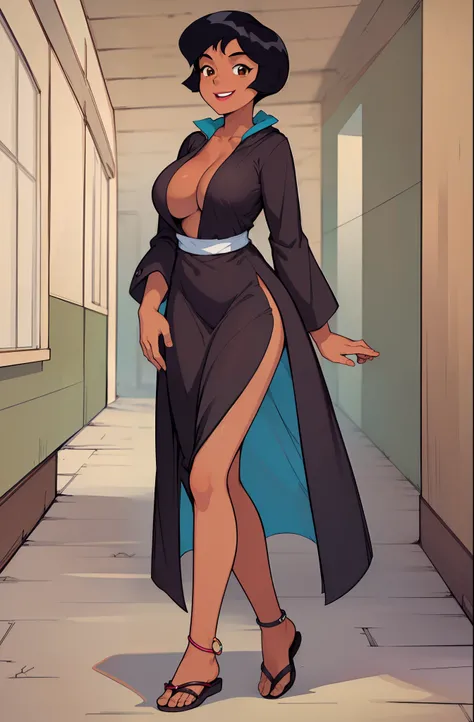 ((masterpiece, best quality)), 1girl,solo, upper body, alex, short hair, black hair, brown eyes, dark skin, tan, lipstick, black shirt, retro artstyle, gradient background,smile, walking, big breast,full body, flipflops, village , long robe, feet