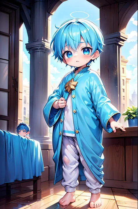 4k, (masterpiece:1), little boy with blue colored hair and shiny, glowing cyan eyes and barefoot, standing on field, epic, cinem...