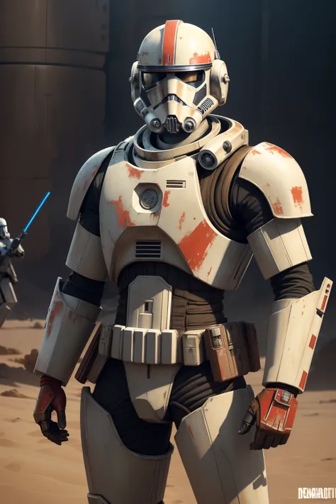 (((//mercenary//, ///fallout armor/// humanoide droid, mercenary armor, dirty armor, //dirty// white painted droid, realistic white metal texture, realistic , ***sand trooper armor***rusted metal light reflections, ((right arm red painted in red, red metal...