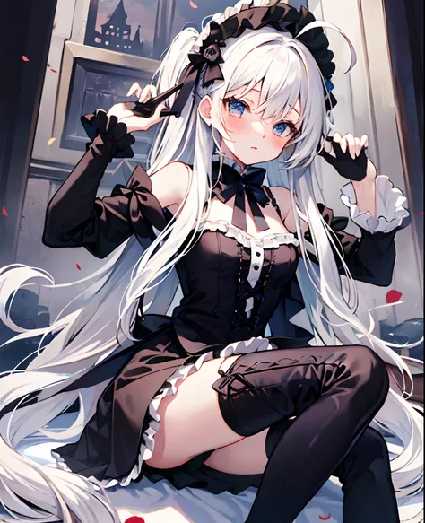 tmasterpiece， Best quality at best， ahoge， Hair over the shoulder， long  white hair，  blush of nose，  Gothic_Lolita，thigh boots，thigh boots，full bodyesbian