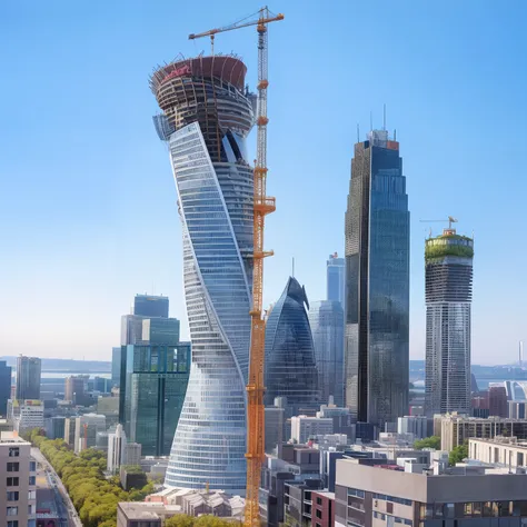 a under construction twisted building, which rotates 90 degrees around its vertical axis, creating a spiral shape, on the skyline of Montreal City, In the background the Lotte world tower with 310 meters. Casual photography.