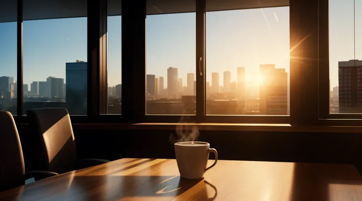 a cup of coffee on a office table with a window in the background, cinematic scene, perfect light, beautiful composition, realistic