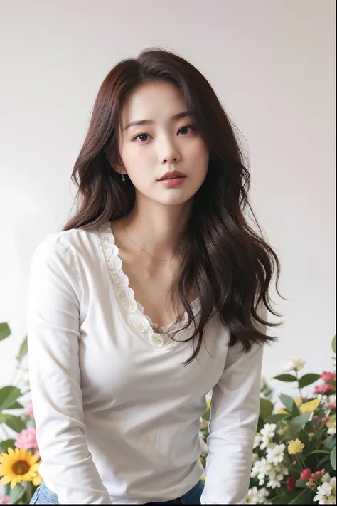 a woman with long hair and a white shirt posing for a picture, beautiful south korean woman, gorgeous young korean woman, beautiful young korean woman, hwang se - on, female actress from korea, korean womens fashion model, heonhwa choe, song hye - kyo, lee...