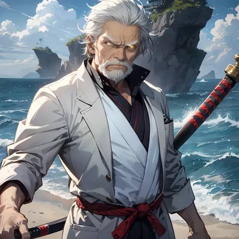 Empty dock weapons test site by the sea，White-haired old man in white suit（1.3），The expression is serious and angry，holding samurai sword，Glowing golden pupils（focal point）