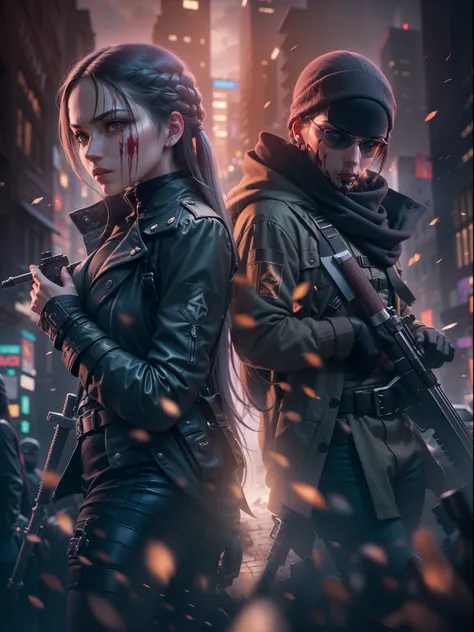 1assassin woman with (sword) and 1agent man with (AWM sniper gun), on thrilling mission background bokeh, matrix city, ((ultra Detailed texture HDR UHD graphics Sony Alpha A7)), (detailed face) film lighting effects combination of two colorsrich colors nig...