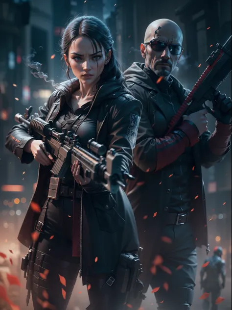 1assassin woman with (sword) and 1agent man with (AWM sniper gun), on thrilling mission background bokeh, matrix city, ((ultra Detailed texture HDR UHD graphics Sony Alpha A7)), (detailed face) film lighting effects combination of two colorsrich colors nig...