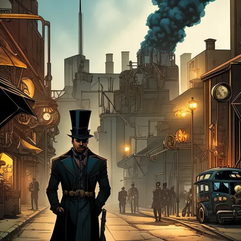 Detective Steampunk, is in a dark alley. Marvel and DC Comic Book style. A steampunk city with tall buildings and giant moving gears. Smoke rises from factory chimneys.