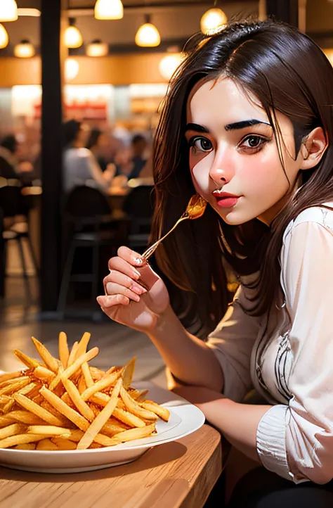 Turkish girl, 20 years old, enjoying a plate of crispy French fries.