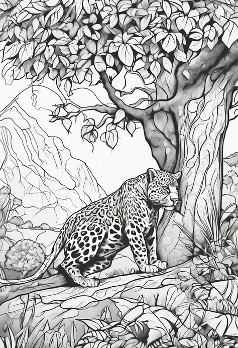 A simple coloring drawing for 8-12 year old children of a jaguar resting in the shade of a tree