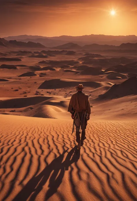 "hombre frente, zarza llameante, Arid desert-like landscape, luz que ilumina la escena, A cinematic glow"