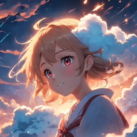 masterpiece, best quality, movie still, 1girl, cloud girl, floating in the sky, close-up, bright, happy, warm soft lighting, sunset, (sparks:0.7)