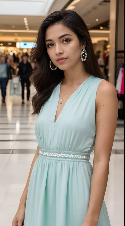 Foto RAW em sequencia, uma foto de uma adolescente 16anos, (((vestindo vestido branco moderno, no shopping em frente a escada rolante))), rosto detalhado, planos de fundo detalhados pouco desfocados, luzes naturais, HDR, foto realista, foto profissional, f...