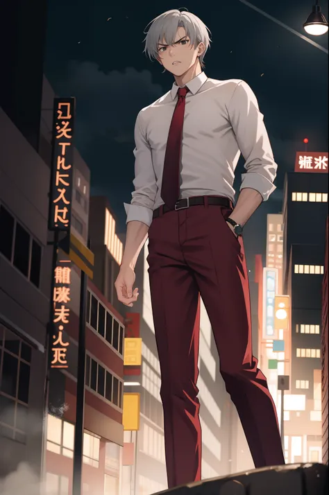 man, short hair, gray hair, black eyes, shirt, red tie, red pants, angry, night city