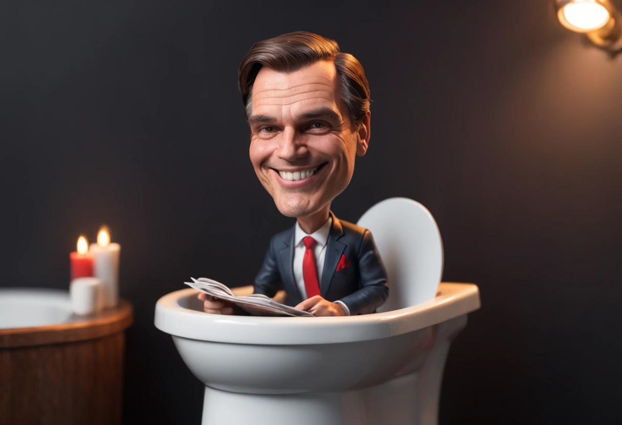 caricature of Bolsonaro sitting on flaming toilet reading newspaper and smiling, black background, sparks, vivid colors, bathroom with glossy glossy tiles, hd, artstation, UHD, greg rutkowski, cinematic shading, Steve Sack