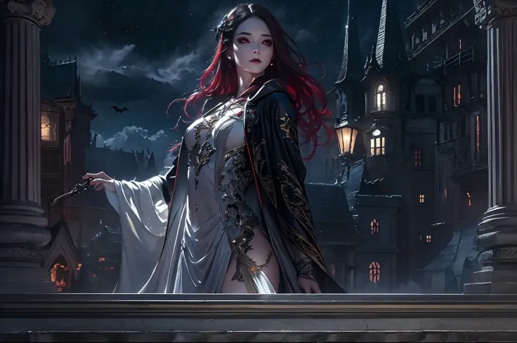 a picture of an exquisite beautiful female vampire standing under the starry night sky on the porch of her castle, dynamic angle...