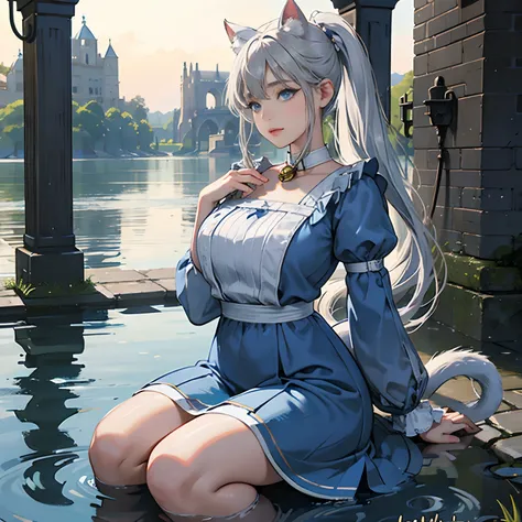 Women in Their 20s, offcial art, unity 8k wall paper, ultra-detailliert, beautifly、Aesthetic, ​masterpiece, top-quality, Photorealsitic、Cat-eared clan、Cats ears、very thick tail:1.5、very thick and long tail、Dark blue eyes、Silver-white hair、Short ponytail、Pi...