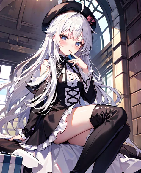 tmasterpiece， Best quality at best， ahoge， Hair over the shoulder， long  white hair，  blush of nose，  Gothic_Lolita， beret， hand_To_Mouth，thigh boots，Absolute realm，upper legs，thigh boots，close-up all over the body，Correct legs，